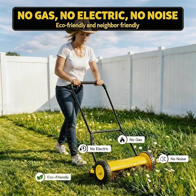 16" Push Lawn Mower, Manual Hand Push Lawn Mower Without Grass Catcher, Lightweight & Portable Walk-Behind Mower for Small Yards, Garden & Patio