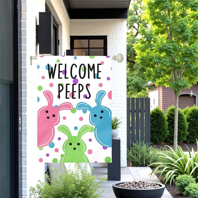Large Easter House Flag 28x40 Inch Double Sided Welcome Peeps Bunny Flag Colorful Spring Yard Flag Outdoor Porch Cute Rabbit and Egg Pattern Farmhouse Easter Garden Banner for Home Patio Lawn