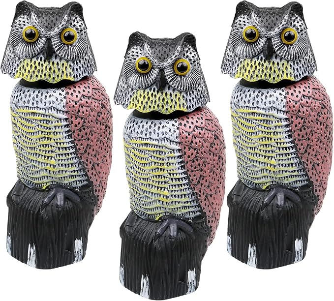 Owl Decoy to Scare Birds Away Scarecrow Fake Owl with Rotating Head 12 inch Tall (Set of 3)