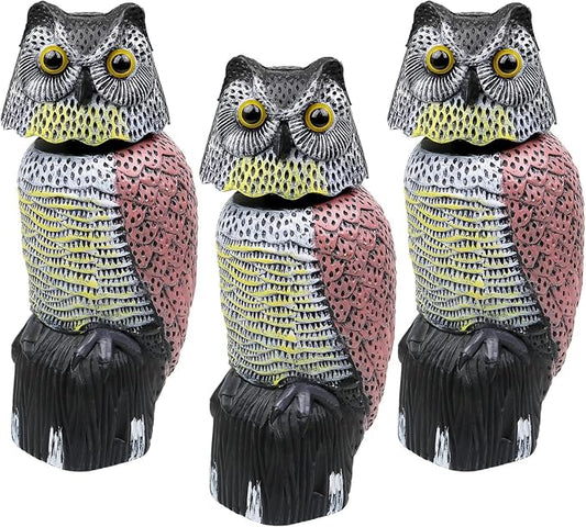 Owl Decoy to Scare Birds Away Scarecrow Fake Owl with Rotating Head 12 inch Tall (Set of 3)