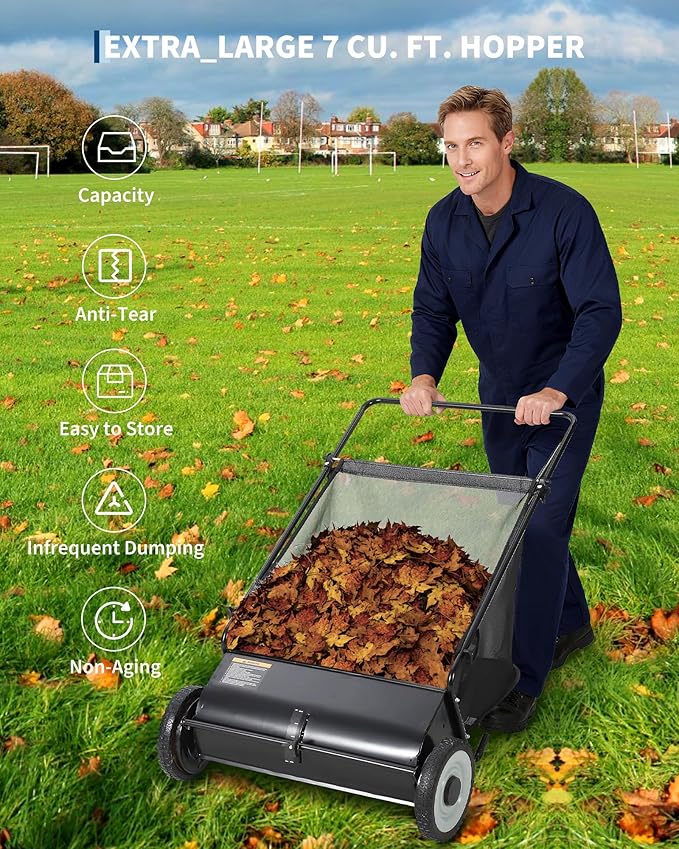 26-Inch Extra-Wide Push Lawn Sweeper with 4-Brush System,7 Cu.ft. Heavy-Duty Mesh Bag Collector, Height-Adjustable Manual Push Sweeper for Leaves, Grass Clippings & Yard Debris, Durable Steel Frame