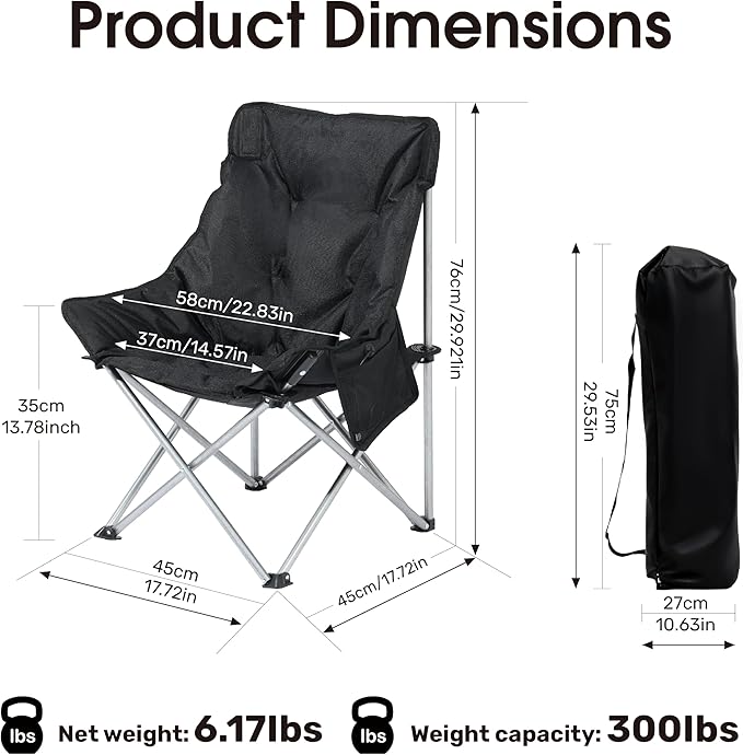 SunSettler Heated Camping Chair, Oversized Heated Outdoor Chairs for Adults with 3 Heat Levels, Portable Folding Padded Chair for Camp, Lawn, Sports (Battery NOT Included) (Black, Small)