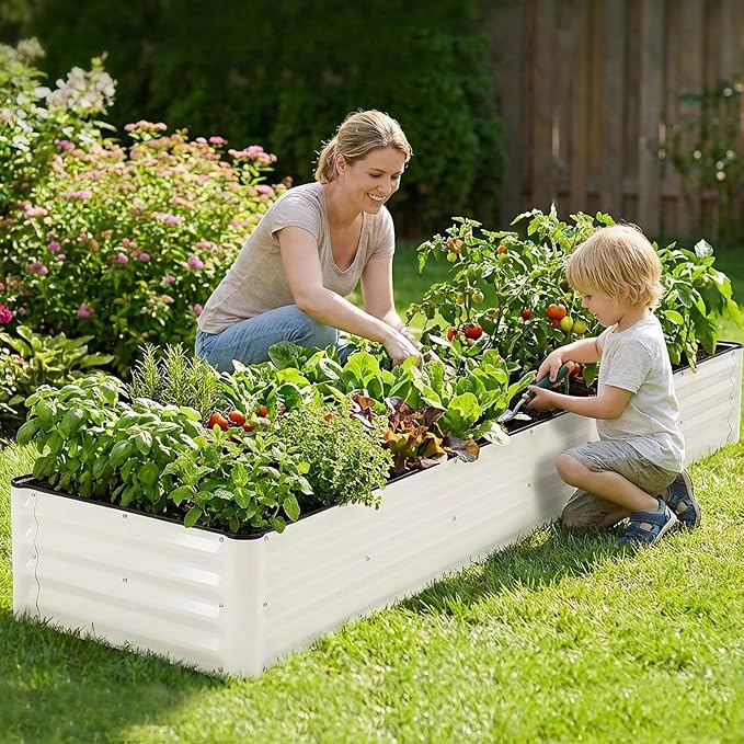 Galvanized Raised Garden Bed – 1 Pack 8x2x1 Ft Patented Leak-Proof Planter Box Outdoor Gardening Metal Raised Garden Beds Kits for Veggies, Herbs & Flowers (White)