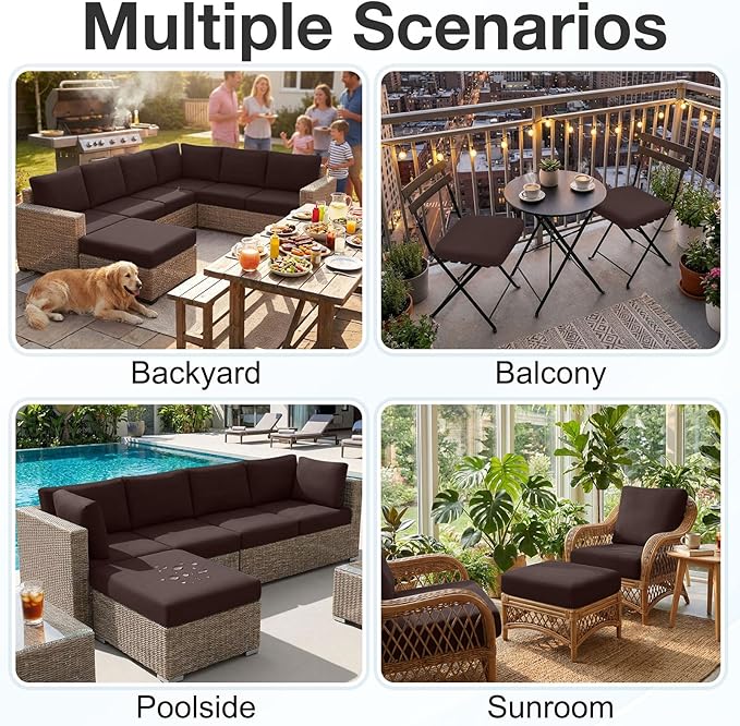 hyha Waterproof Outdoor Cushion Covers for Patio Furniture, Stretch Patio Chair Cushion Slipcovers, Coated UV Resistant Replacement Seat Covers, Solid Color (Coffee, 8PC)