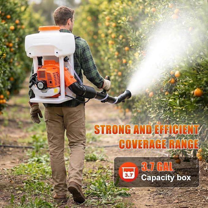 Gas Powered Backpack Fogger, 43cc 2-Stroke Engine Garden Sprayer, 3.7 Gallon Tank Insect Control Cold Mist Duster for Agricultural Lawn and Farm Use, 32ft Spray Range Red