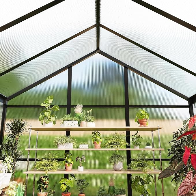 8×6 FT Outdoor Aluminum Polycarbonate Greenhouse, Easy Assembly Walk-in Greenhouse with Roof Vent & Lockable Hinged Door, Large Heavy Duty Greenhouse for Patio, Backyard, Garden, Sunroom, Black