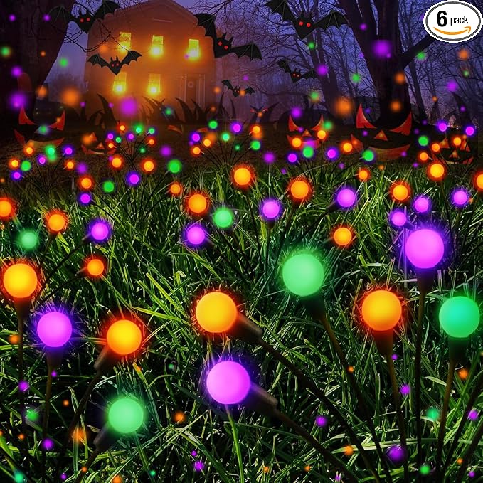 Halloween Decor Outdoor Solar Firefly Lights 6PK 48 LED Orange Purple Green | 2 Lighting Modes, Memory Function and Auto On/Off, Sway with Wind, Waterproof Halloween Decor for Outside Horror Party Garden