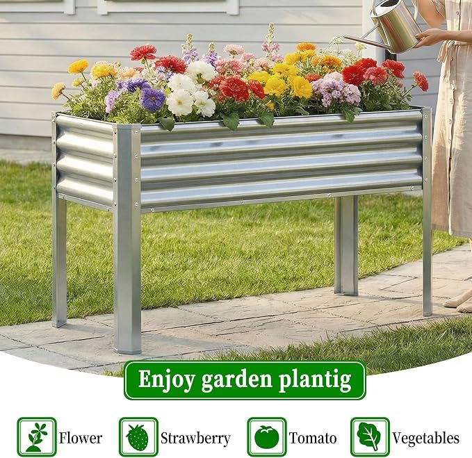 2Pcs Galvanized Raised Garden Bed with Legs, 43×24×32in Large Metal Elevated Raised Planter Box with Drainage Holes for Backyard, Patio, Balcony, 400lb Capacity,Sliver