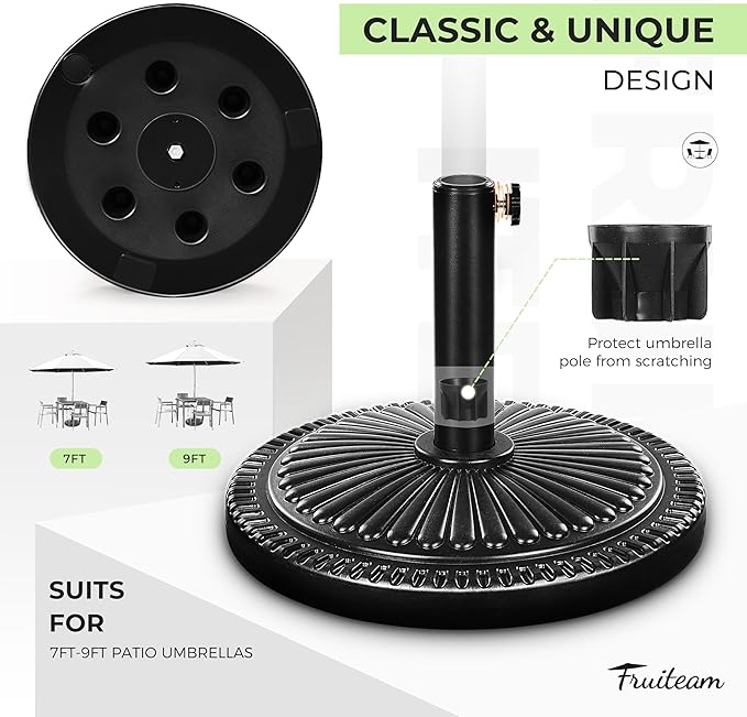 FRUITEAM 17.8" 33 lbs Round Patio Umbrella Base Pre-Filled Umbrella Stand Sun-Flower-Pattern Heavy Duty Market Umbrella Base Stand for Patio, Outdoor, Swimming Pool, Black