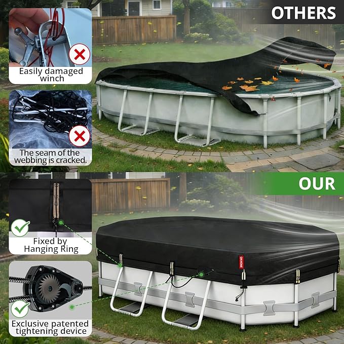 QH.HOME 12X22ft Oval Pool Cover,[Ultimate Windproof & Tear-Resistant Fabric],Snug Fit with Patented Ratchet & Weight Rings,Solar Pool Cover for Above Ground Pools, Blocks Leaves &Waterproof