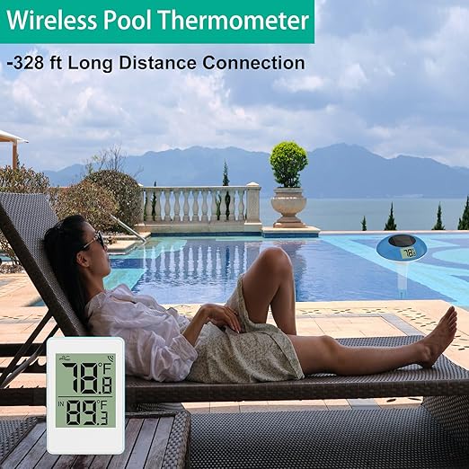 Wireless Pool Thermometer, Digital Floating Thermometer Easy Read IPX8 Waterproof Solar Temperature Gauge for Swimming Pool, Aquarium, Pond, 328 Feet Long Connection