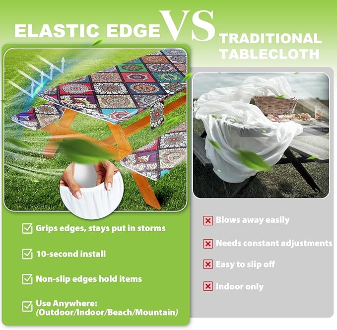 Fitted Picnic Table Cover with Bench Covers Waterproof Elastic Edges Rectangle Patio Tablecloth Outdoor Camping Essentials Stuff Rv Accessories Summer Trip Travel Camper Gifts for Woman Men, 72in 6 ft