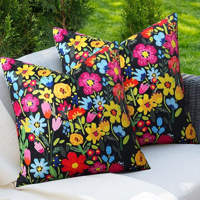 Adabana Spring Outdoor Waterproof Floral Pillow Covers Set of 2 Square Colorful Couch Cushion Cases 16x16 Inch Waterproof Decorative Pillows for Patio Garden Beach,Black