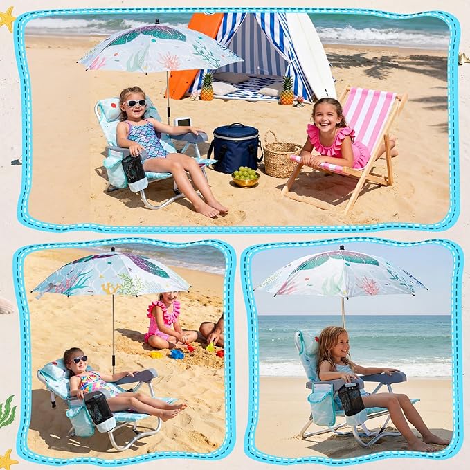 Yalikop Kids Beach Chair with 4 Positions Seaside Beach Chair with Umbrella Kids Folding Camping Seating for Boy Girls Children Sand Camping Travel Outdoor Summer Supply(Mermaid Theme)