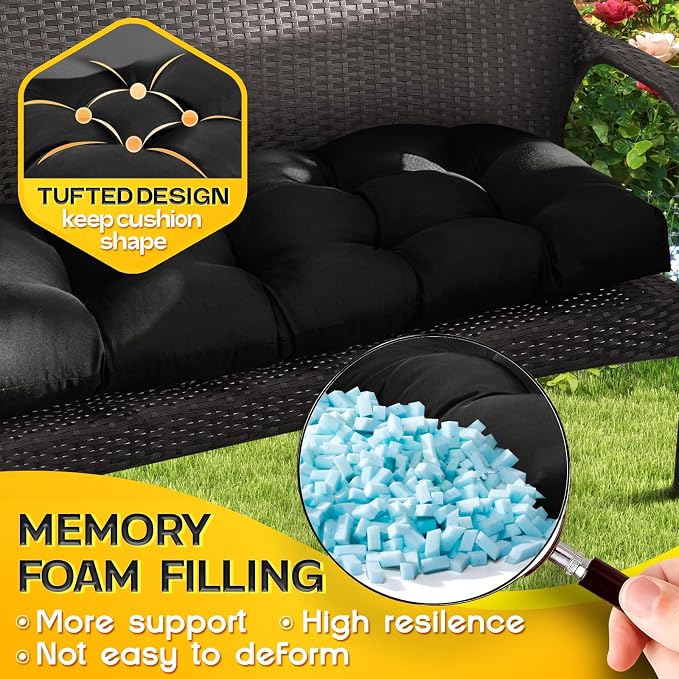 MAGIC ELEPHANT Outdoor Bench Cushion, Memory Foam Loveseat Cushion for Patio Furniture Wicker Chair, Settee Porch Swing Seat Cushion, 44 x 19 Inches (Black)