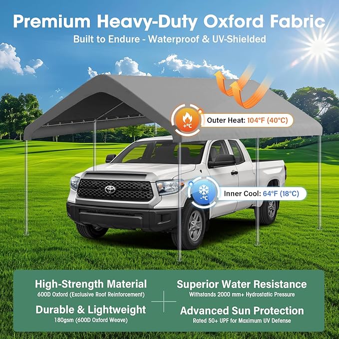 10x20FT Canopy Replacement Cover, Carport Replacement Canopy for 10' x 20' Frame, 800D Oxford Waterproof & UV Protected Tarp with Ball Bungees (Frame is not Included) (Gray)