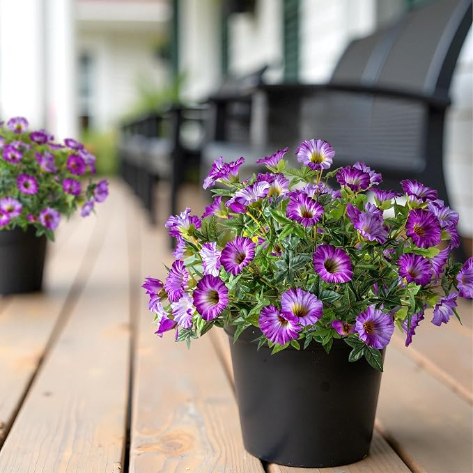 Dark Purple Artificial Morning Glory Flowers for Outdoor Planters, Premium UV Resistant Silk Faux Flowers for Porch, Hanging Basket & Window Box, Elegant Garden Decor, No Pot, 13.3 Inch, 4 Bundles