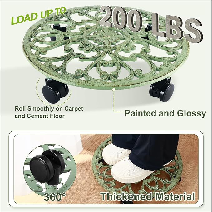 14 Inch Rolling Plant Stand with Wheels Metal Plant Caddy with Wheels Heavy Duty Round Plant Stand Indoor Iron Plants Rollers for Plants, Retro Green Plant Dolly 1 Pack
