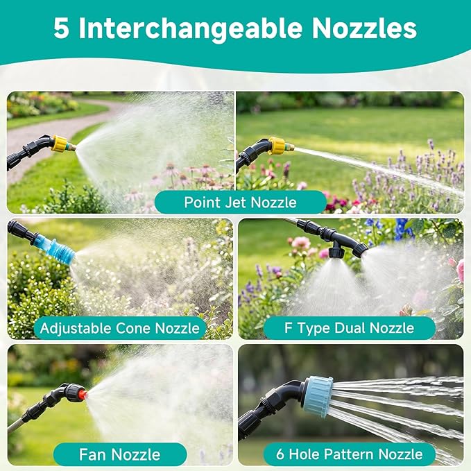Battery Powered Garden Sprayer 2 Gallon, 7.4V High Pressure Rechargeable Weed Sprayer with 3 Pressure Mode, 5 Spray Nozzles, Telescopic Wand, Battery Indicator, Adjustable Strap for Lawn Garden, Green
