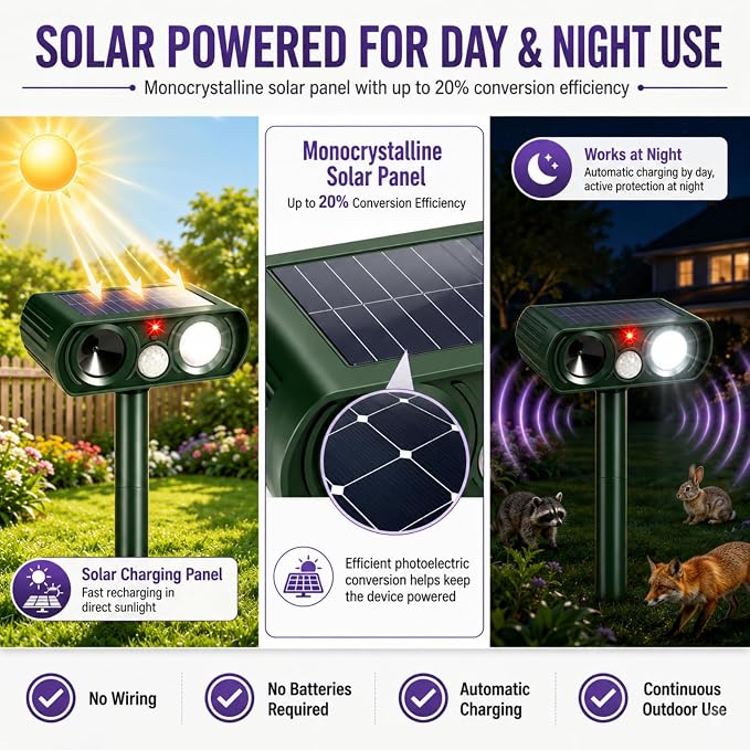 2 Pcs Upgraded Solar Animal Repellent Ultrasonic Outdoor for Cat Squirrel Racoon Rabbit Fox,Sonic Deer Repellent Devices Waterproof Flashing Light Motion Sensor Animal Repeller Deterrent for Garden