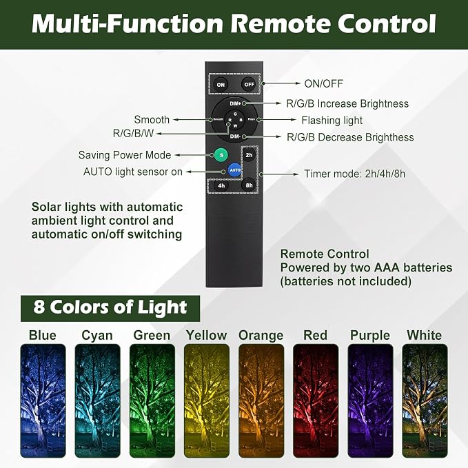 2 Set 4 in 1 RGB Solar Landscape Spot Lights Outdoor with Remote, Waterproof Solar Battery Powered Color Changing Outdoor Spotlights, Auto On/Off, for Garden Yard Path Driveway Walkway