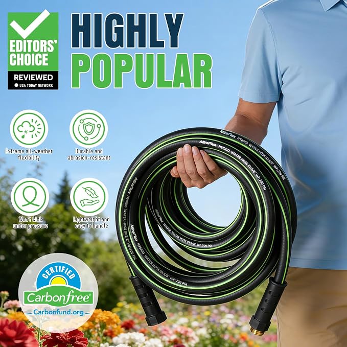 Non-Expandable Garden Hose 50ft,Lightweight Kink Resistant Hose, Solid Brass 5/8" Fittings, 200PSI Working & 600PSI Burst, for Medium Yard, Home Garden & Light Small-Space Cleaning