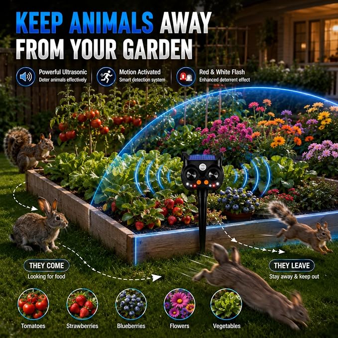 New Solar Animal Repellent Ultrasonic Outdoor for Deer Cat Skunk Squirrel Racoon Fortress Pro Animal Repeller Deterrent Devices with LED Strobe,Motion Sensor,Adjustable Volume and Modes for Yard,2 Pcs