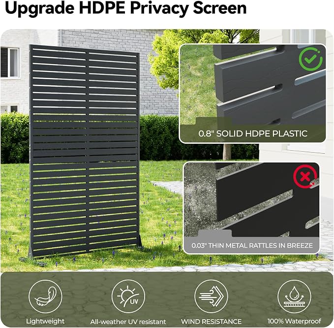 Outdoor Privacy Screen 72" Decorative Fence Panel, Air Conditioner Fence, Freestanding Privacy Screens with Stand, Weather-Resistant Patio Divider Panel for Outside, Balcony, Pool, Black