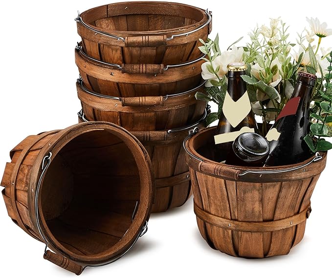 Marsui 6 Pcs Round Wooden Berry Baskets Small Bushel with Handles for Gifts Empty Basket Fruit Buckets for Picking Strawberry Fruits Flowers Crafts Home Wedding (Dark Brown)