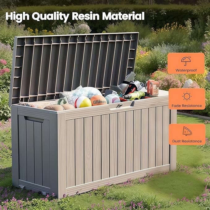 75 Gallon Outdoor Storage Box, Waterproof Resin Deck Box for Patio Cushions & Gardening Tools, Lockable Indoor/Outdoor Storage Bin, Stylish Grey Design