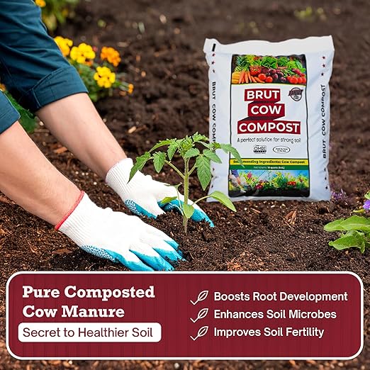 Brut Cow Compost – 4 Pack Nutrient-Rich Composted Cow Manure Organic Soil Amendment – 100% Pure Compost, Additive-Free Fertilizer for Vegetable Gardens, Flowers, Lawns & Indoor Plants – 1 Cubic Ft