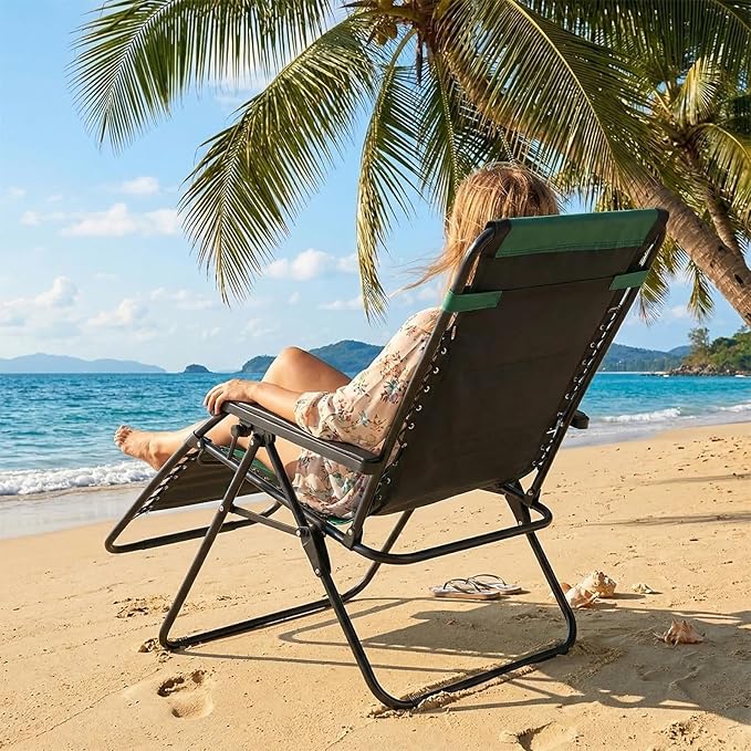 Sweetcrispy Zero Gravity Chairs, Foldable Patio Reclining Chairs with Adjustable Pillow & Cup Holder, Oversized Portable Support 400 lbs, for Backyard Camping(Black-Green)