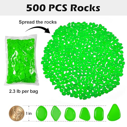 NAMTSO Glow in The Dark Rocks Outdoor, 500 pcs Green Solar Rocks for Landscaping, Outdoor Decor Glow in The Dark Stones, Glowing Pebbles for Garden Backyard Patio Lawn Pond Fish Tank Aquarium Decor
