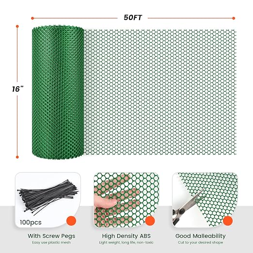 Toolterritary 16IN x 50FT Plastic Chicken Wire Mesh, Chicken Wire for Floral Arrangements, Chicken Wire Mesh for Crafts with 100 Pcs Zip Ties, Mesh Fence for Dogs, Deers, Poultry
