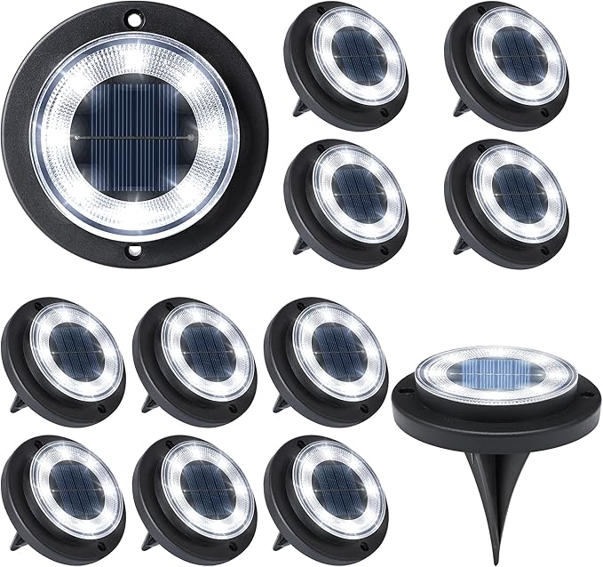 Flacchi Solar Lights Outdoor Waterproof - 2-in-1 Solar Powered Ground Lights Outdoor Solar Disk Light Landscape Light for Deck Step Patio Yard Pathway Walkway Driveway Garden (Cool White, 12 Pack)
