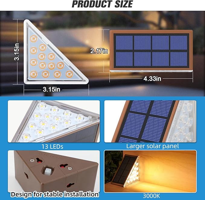 NIORSUN Solar Stair Lights,Warm White Outdoor Step Lights IP67 Waterproof Auto On Off, Outdoor Stair Lights for Steps,Stair,Patio,Yard,Porch,Front Door,Sidewalk,Deck Decor（Brown, 6 Pack）