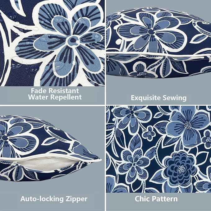 LVTXIII 2 Pack Outdoor Lumbar Pillow Covers 12x20 Inch with Piping, Water-Repellent Back Cushion Covers ONLY for Patio Furniture, Sofa, Garden Bench, Flower Navy