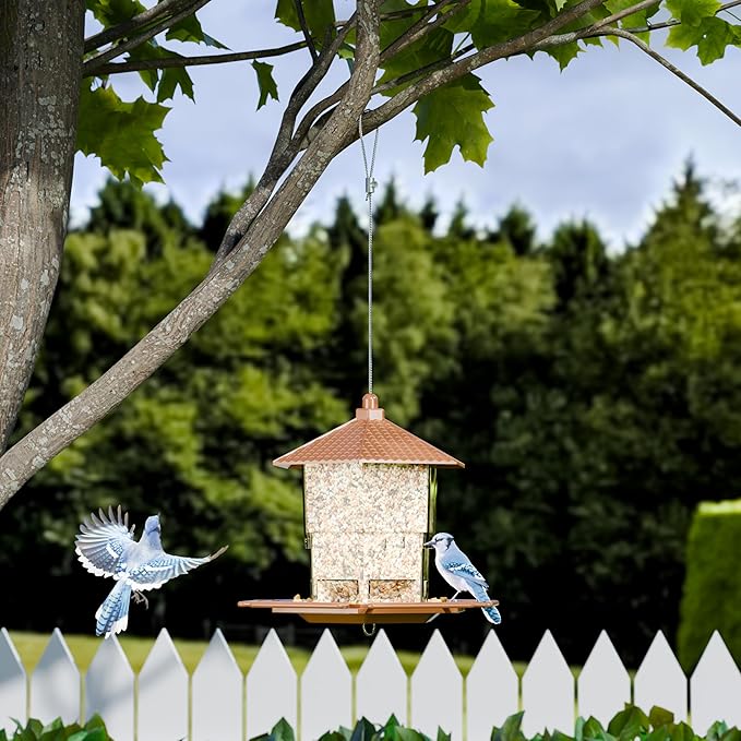 Yieach Hopper Bird Feeders for Outdoors Hanging,Large Birdfeeders for Outside Squirrel Proof,Covered Bird Seed Feeder for Outside,Plastic Wild Bird Feeder for Blue Jay,Cardinal,Garden Decoration,Brown