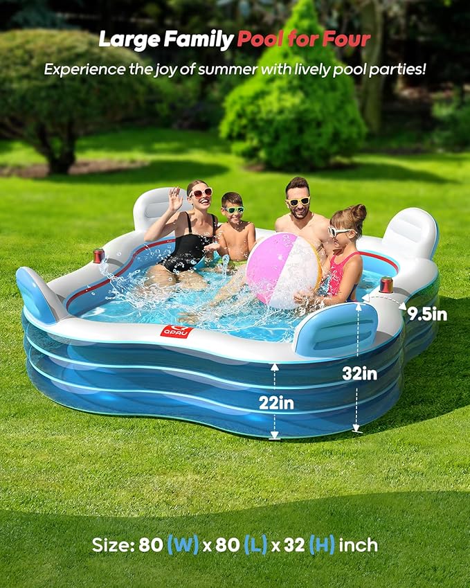 QPAU Inflatable Swimming Pool, Full-Sized Blow Up Pool with Seats and Backrests, Kiddie Pool for Outdoor & Backyard, for Family Summer Time Fun, Clear Blue