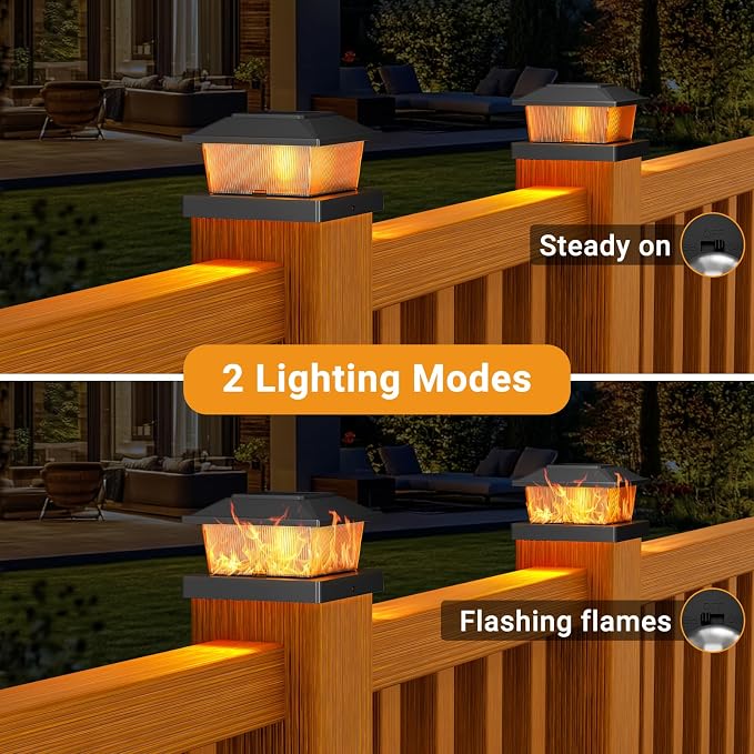 btfarm 4x4 Solar Flame Post Cap Lights Outdoor, 6 Pack Flickering Flame Fence Deck Post Lights, Waterproof Solar Powered Lighting Outside Fit 4x4 3.5x3.5 Wooden/Vinyl for Porch Patio Garden, Black Cap