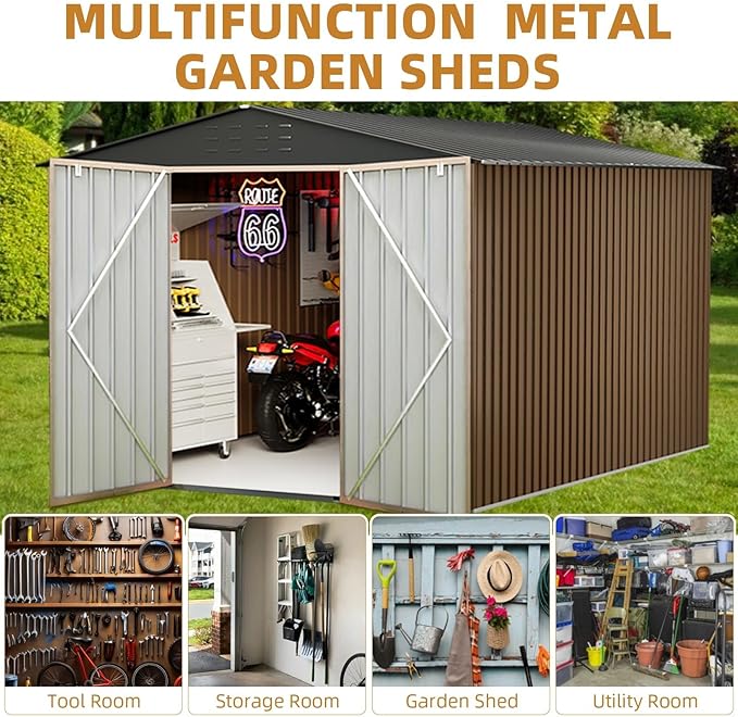 GarveeLife Large Outdoor Metal Storage Shed, 8x12 ft Metal Shed with Lockable Doors, Large Garden Tool Shed with Sturdy Frame Structure, for Backyard, Patio, Lawn, Brown