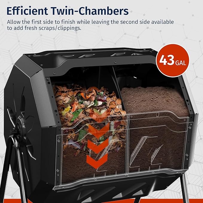 East Oak Compost Tumbler Outdoor, 43-Gallon Tumbling Compost Bin with 2 Sliding Orange Doors & Aeration System, Tumbling Rotating Composter Bin for Kitchen, Garden, Yard,