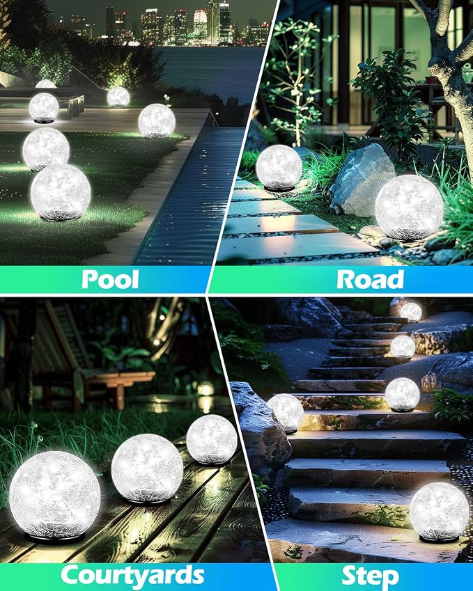 Garden Solar Ball Lights Outdoor Waterproof, 50 LED Cracked Glass Globe Power Ground for Path Yard Patio Lawn, Outdoor Decoration Landscape White 02(2 Pack 4.7'')