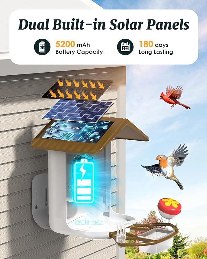 Bird Feeder with Camera Solar Powered, 2K Live Arrival Alert Auto Capture Video with 32GB TF Card, AI Identify Smart Camera Bird Feeder Ourdoor Backyard Gift for Mom Dad Birdlover, 2.4G WiFi