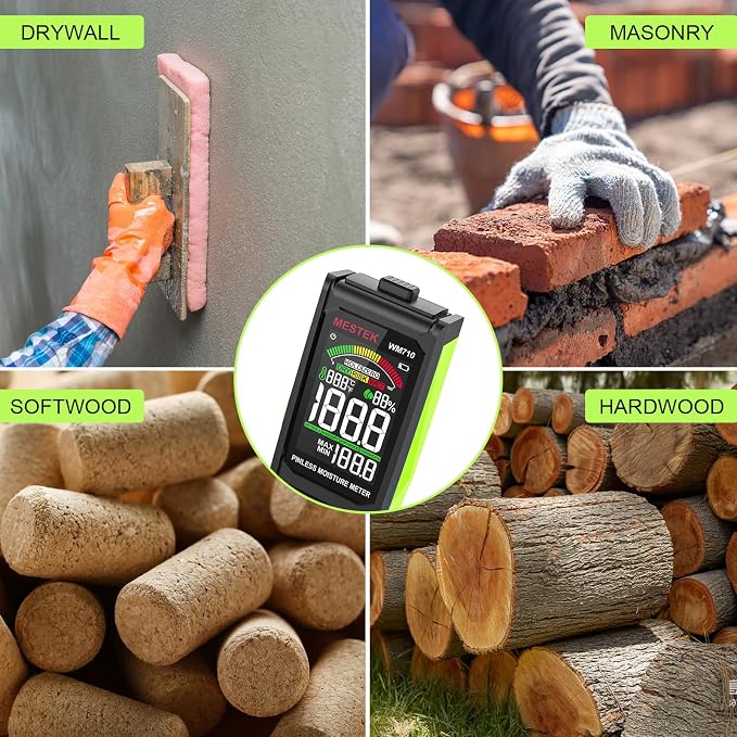 Pinless Moisture Meter, MESTEK Wood Moisture Meter Digital Moisture Detector for Lumber Drywall Firewood Masonry Woodworking Plaster Floor Concrete Building with LCD Display Sound Alarm
