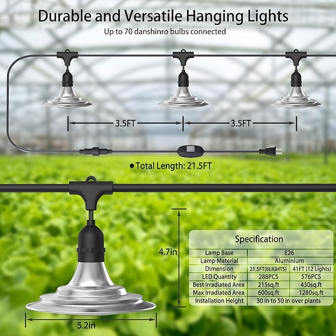 Outdoor LED Grow Light, Waterproof String Plant Growing Light, 41 FT Full Spectrum Growth Light, Suitable for Garden, Farm, Flower, Seedling Greenhouse Grow Light (12 Light)