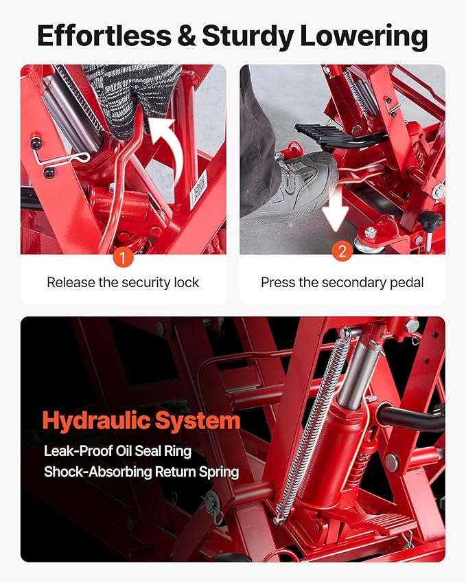 VEVOR Hydraulic Motorcycle Lift Jack, 1500 lbs Capacity, ATV Lift Jack Portable Motorcycle Hoist Stand with 4 Wheels, 4.5"-15.2" Height Range, Hydraulic Foot-Operated Hoist Stand for ATVs, Dirt Bikes