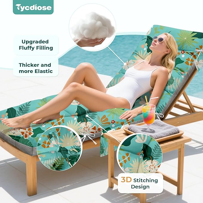 Outdoor Chaise Lounge Chair Cushion, 71 x 22 x 4.7 Inches Waterproof Chaise Lounge Cushions Replacement for Outdoor Furniture, Thickened Non-Slip Patio Lounge Chair Cushions, Cyan Floral leaf