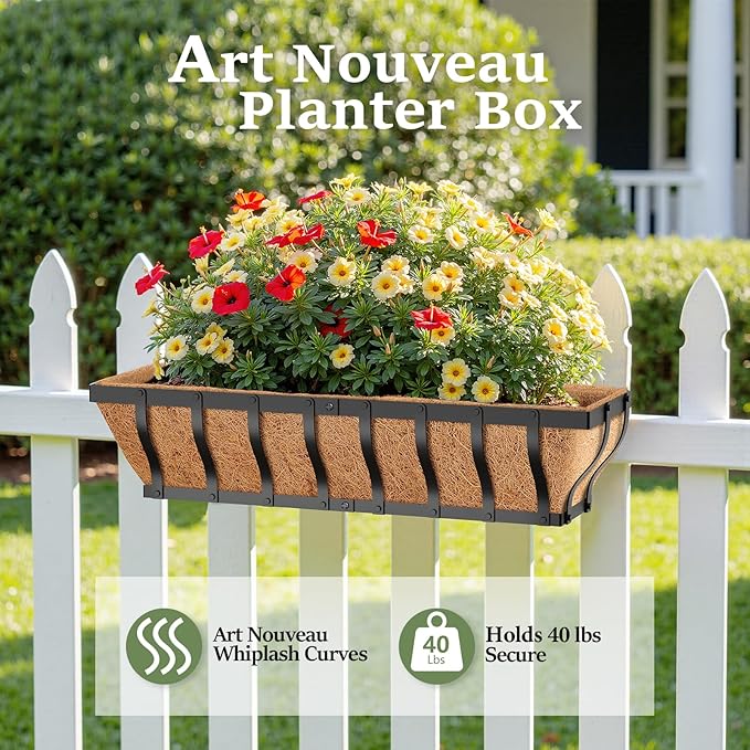 VOXOR Railing Planter Boxes, Heavy Duty Window Box Planters, Adjustable Balcony Planters for Railing Hanging, with Coco Liner for Deck, Porch, and Patio Gardening (2 Pack, 30 Inch)