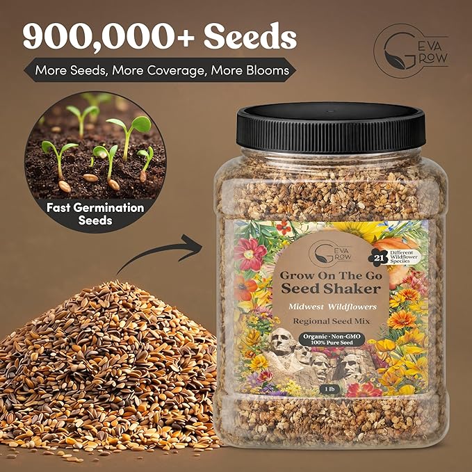 Midwest Wildflower Seeds Regional Mix - Organic, Non-GMO - 100% Pure Seed - 21 Different Wildflowers Seeds of Annual and Perennial, 1 LB Tub